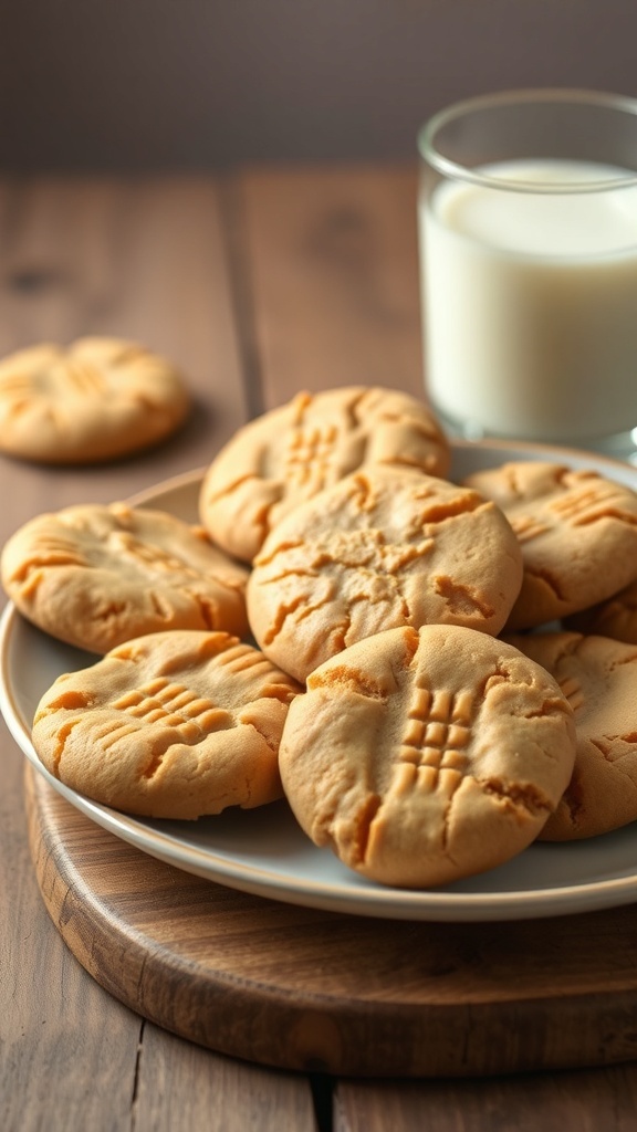 A plate of golden brown flourless peanut butter cookies with a glass of milk on a rustic wooden table.